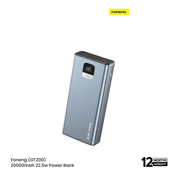 Foneng (GT200) 20000mah 22.5w with 3 outputs Power Bank - Metal Grey