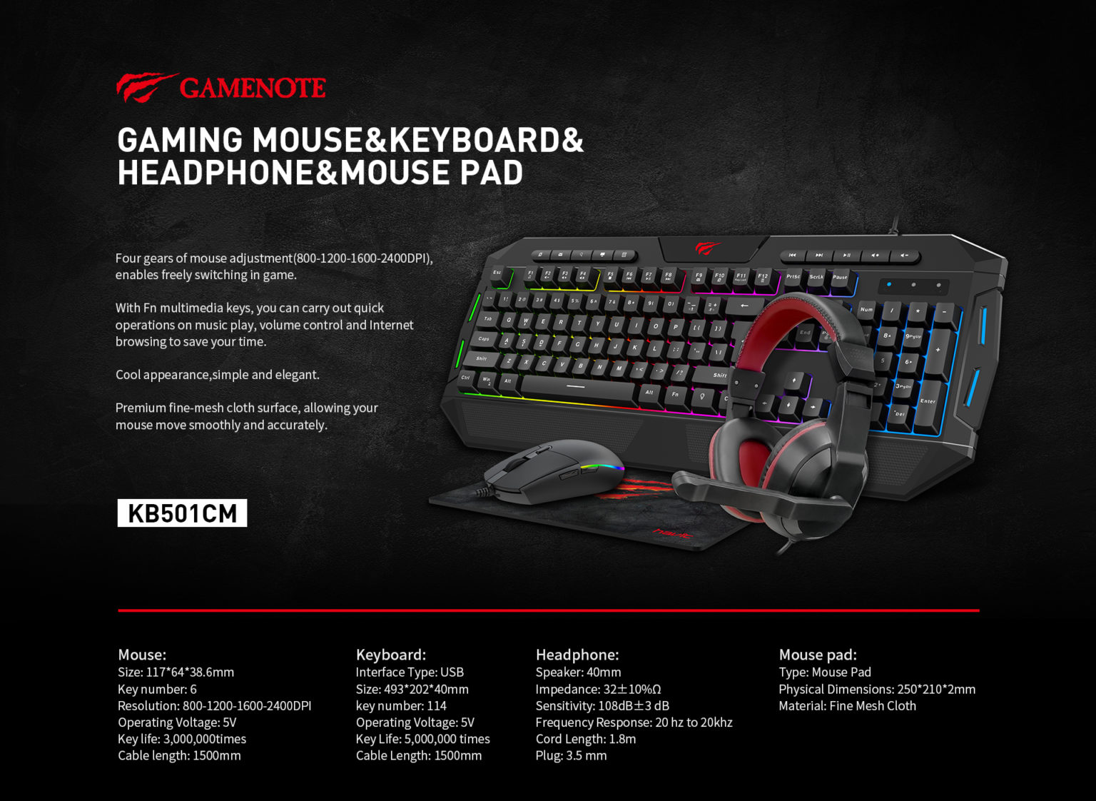 Havit KB501CM Gaming Wired Keyboard, Mouse, Headphone, Mousepad Combo (4 in 1)